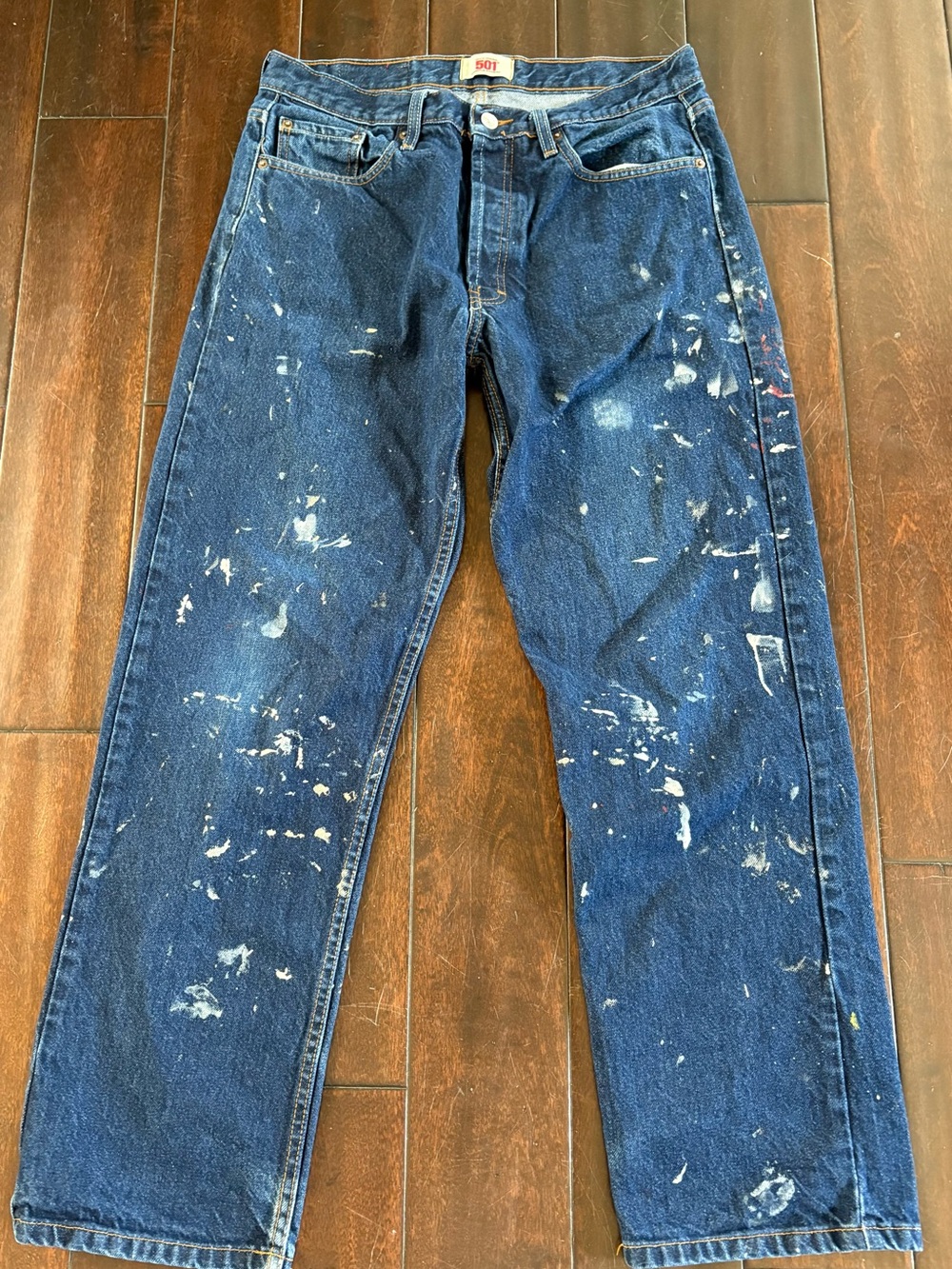 Vintage Y2K Levi's 501 Dark Wash Blue Jeans with Paint Splatter - Made in USA